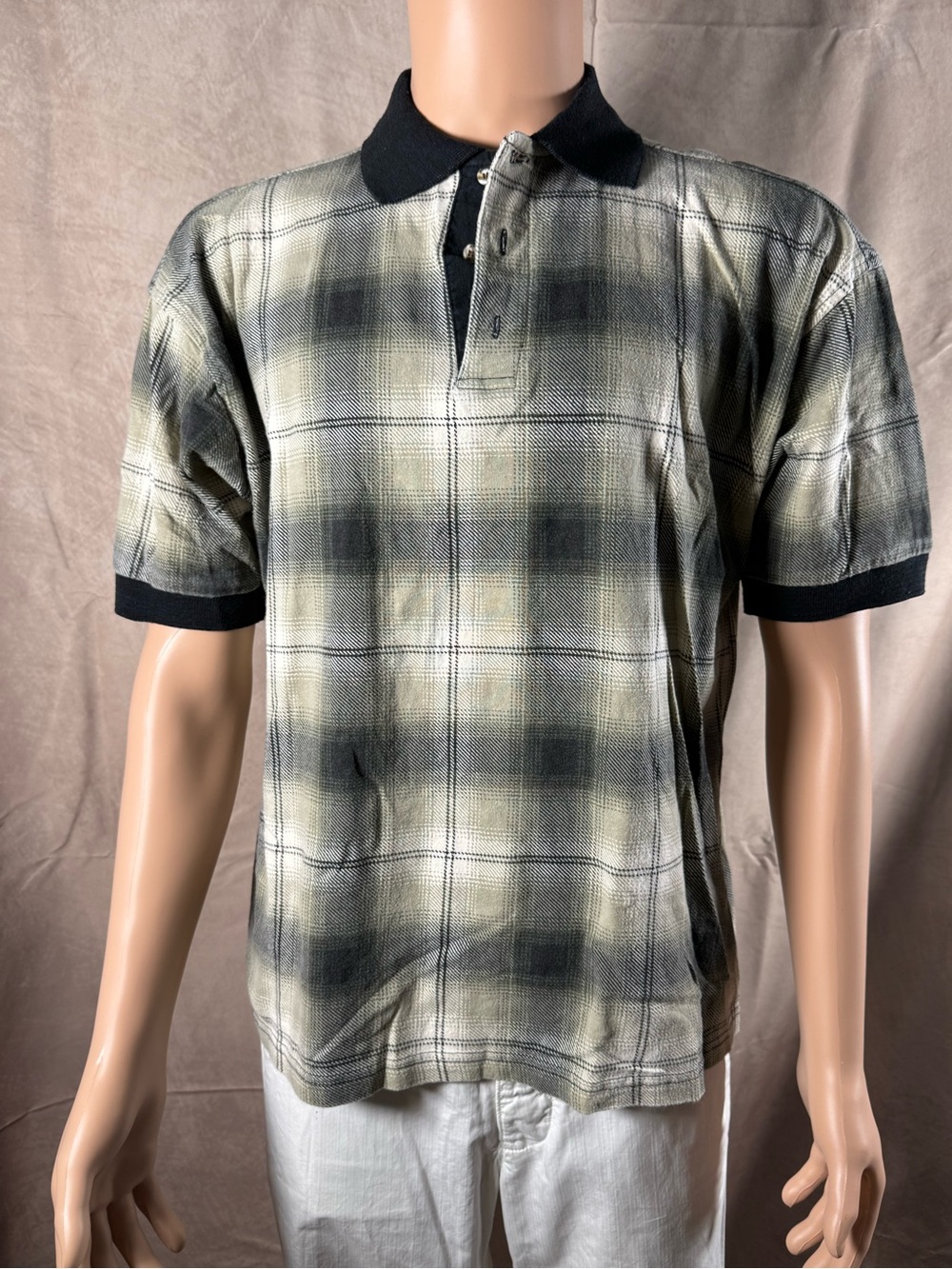 Vintage Men's Plaid Short-Sleeve Polo in Black and Cream